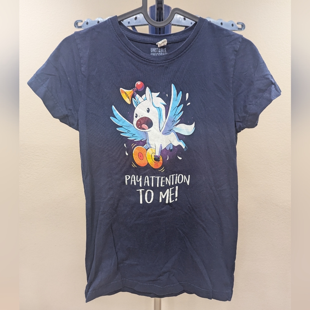 Unstable Unicorns Pay Attention to Me! Graphic T-Shirt Women's M Navy